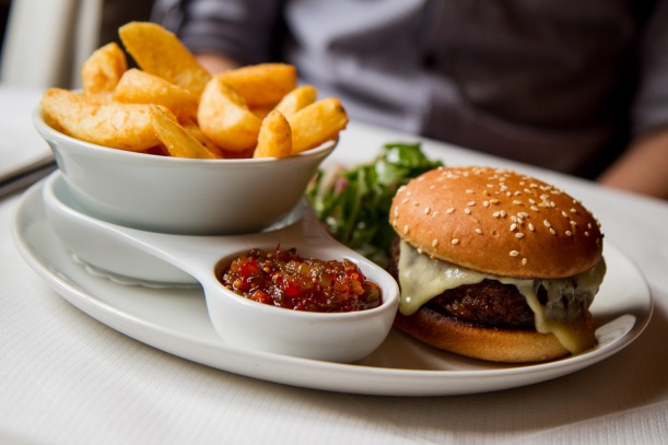 Michael's Scotch beef burger with mature cheddar, cucumber relish and chips